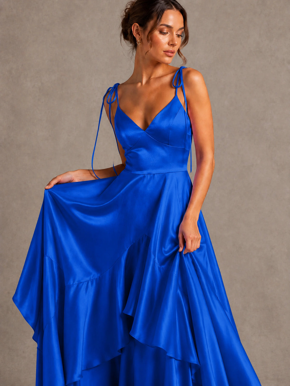 Lavender Satin V-Neck Ruffle Maxi Dress