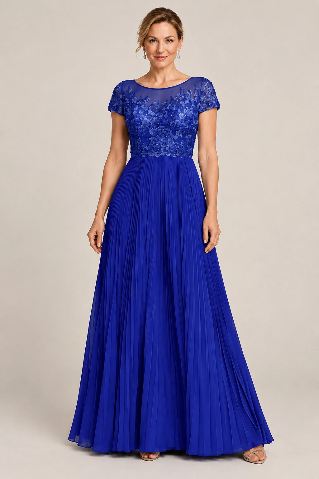 Embroidered Lace Pleated Mother of the Bride Dress