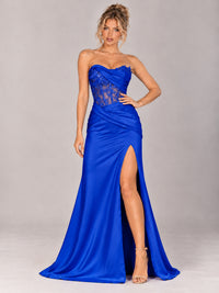 Strapless Satin Prom Dress with Sheer Lace Corset & High Slit
