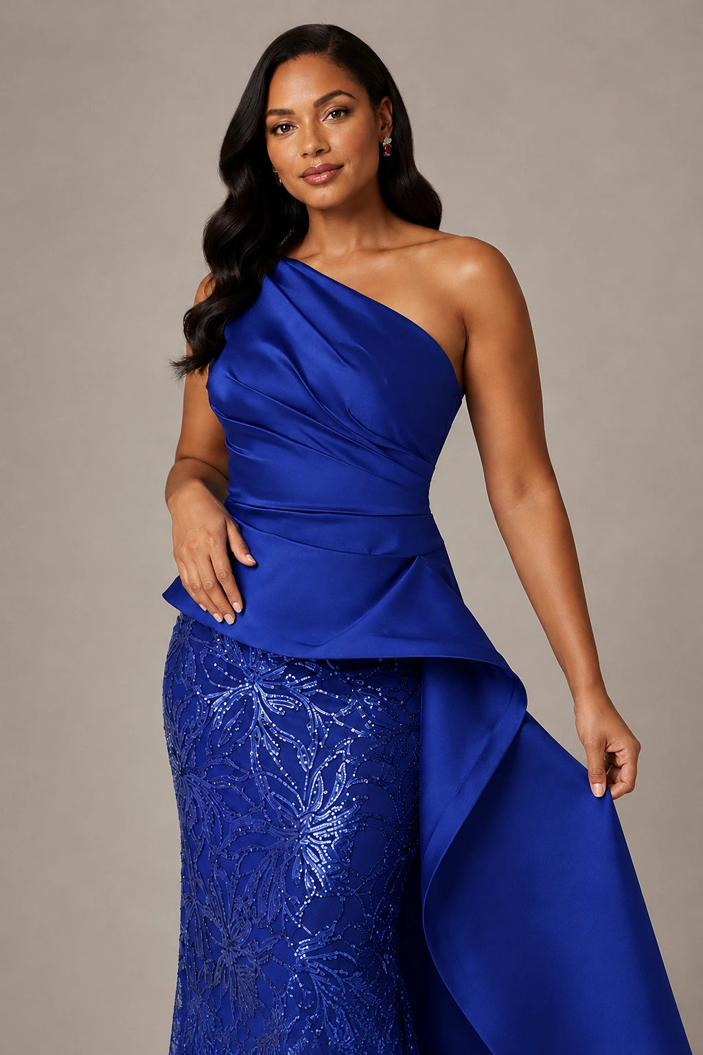 One-Shoulder Mother of the Bride Dress with Sequin Skirt and Peplum