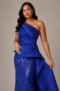 One-Shoulder Mother of the Bride Dress with Sequin Skirt and Peplum
