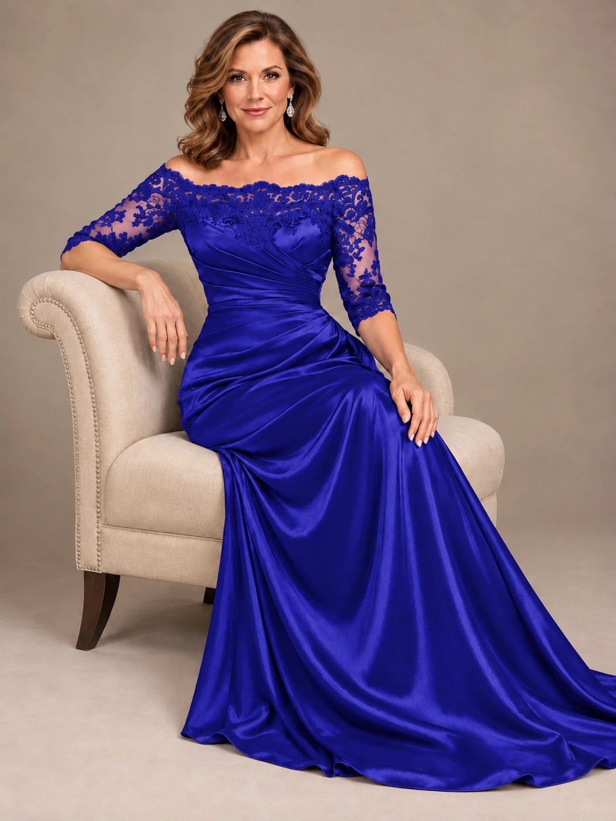 Satin Mother of the Bride Dress with Lace Sleeves Off Shoulder Formal Gown