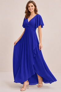 Dusty Blue Chiffon Bridesmaid Dress with Flutter Sleeves & High-Low Hem