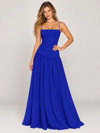 Butter Yellow Ruched Spaghetti Strap Drop-Waist Prom Dress