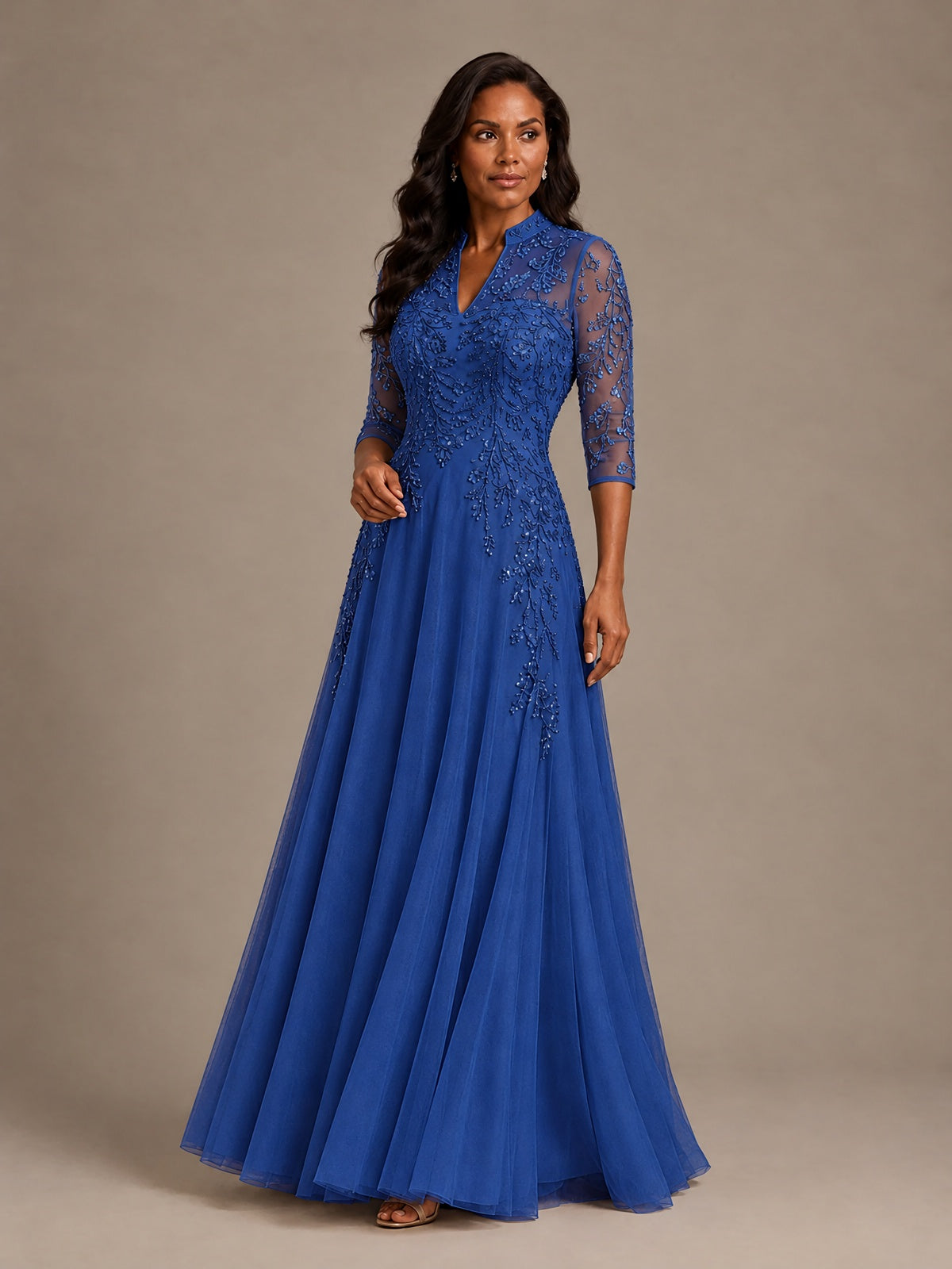 Embellished Appliques Mother of the Bride Dress with 3/4 Sleeves