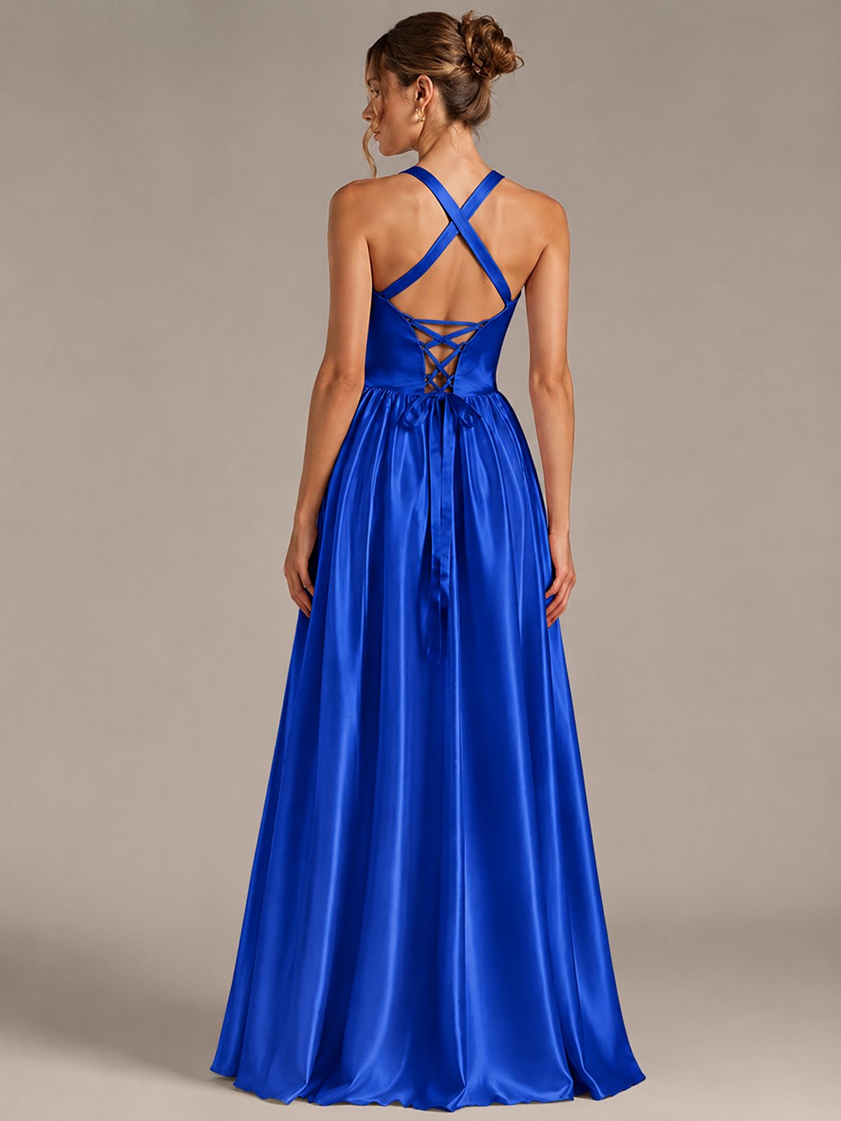 Light Yellow Halter Neck Satin A-Line Maxi Dress with Pockets