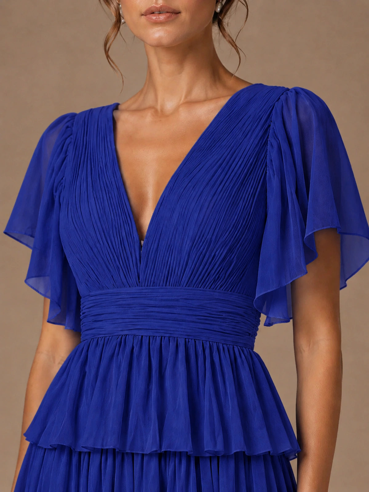 Chiffon V-Neck Tiered Ruffle Bridesmaid Dress with Slit