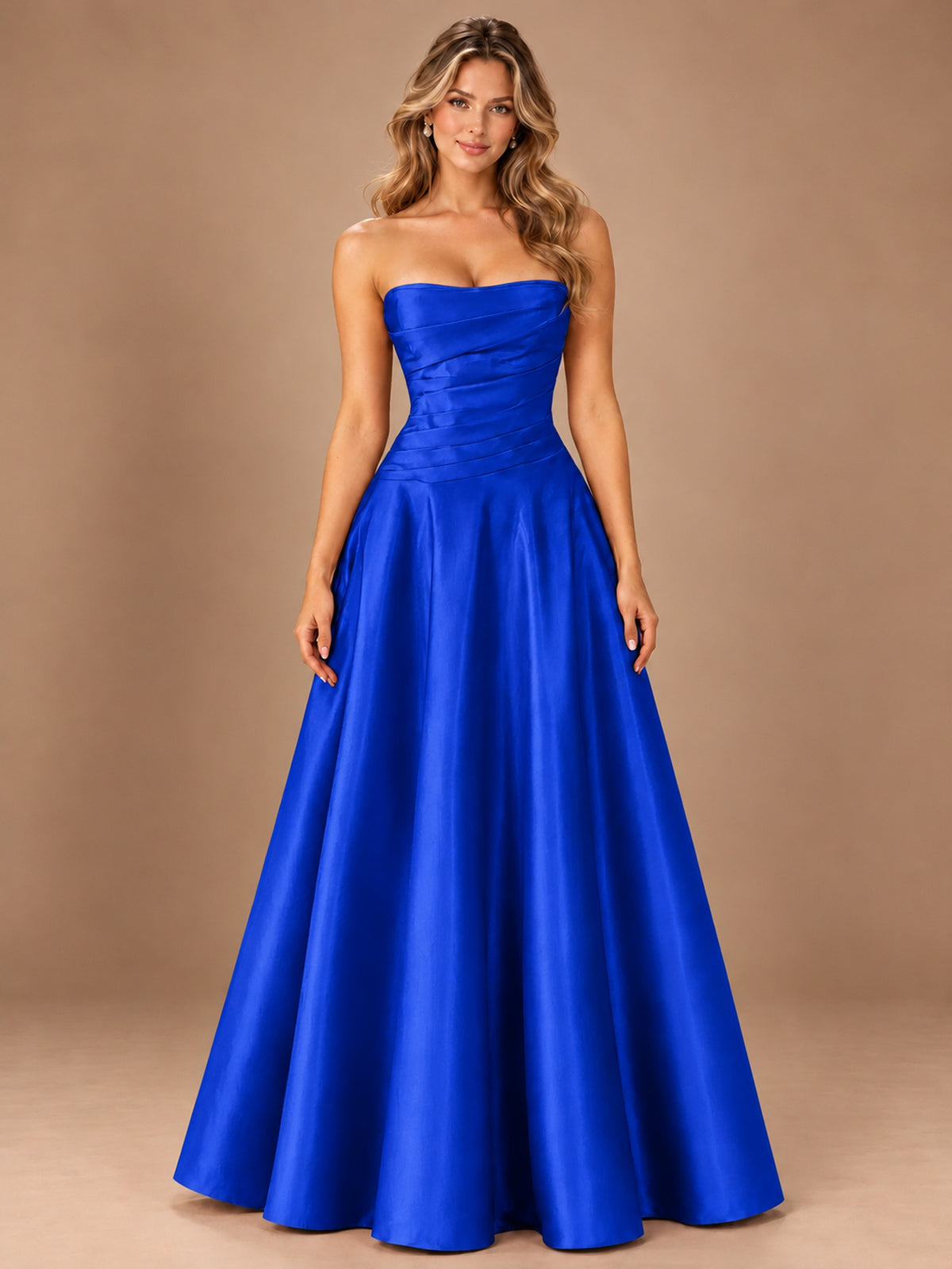 Blush Pink Strapless Satin A-Line Prom Dress with Ruched Bodice