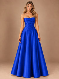 Blush Pink Strapless Satin A-Line Prom Dress with Ruched Bodice