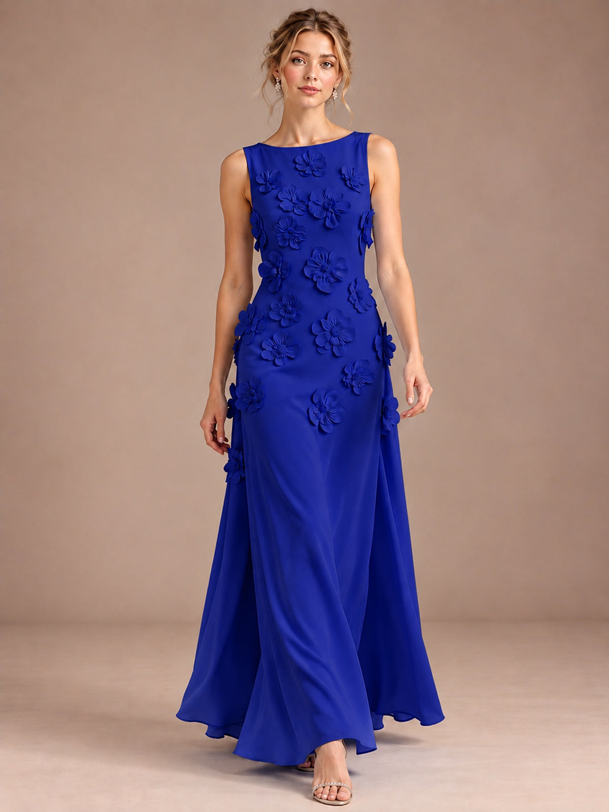 3D Floral Applique Sleeveless Formal Maxi Dress