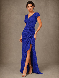 V-Neck Floral Jacquard Mother of the Bride Dress with Slit