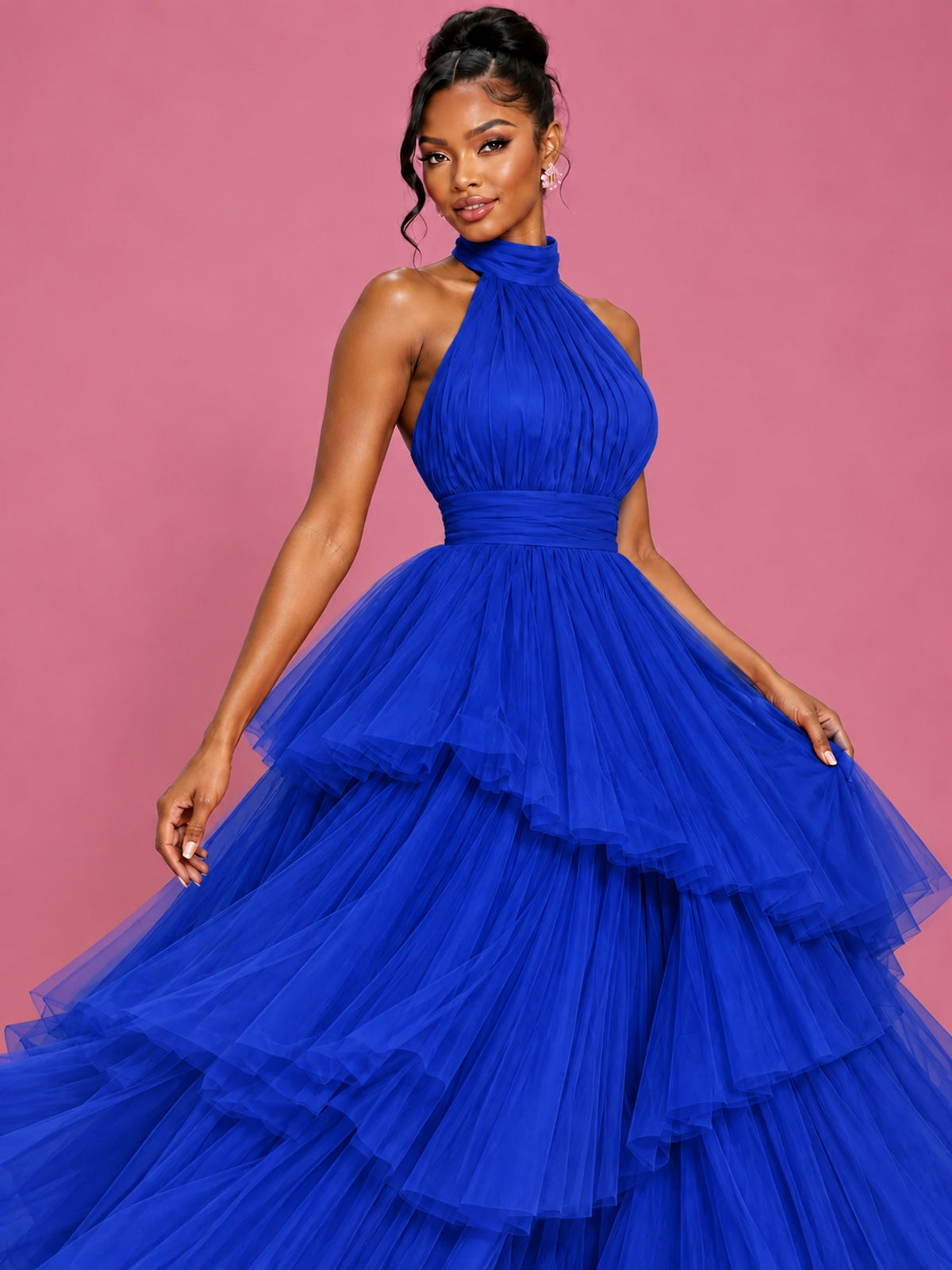 Hot Pink Tulle Halter Neck Tiered Ruffle Maxi Dress