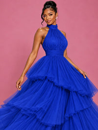 Hot Pink Tulle Halter Neck Tiered Ruffle Maxi Dress