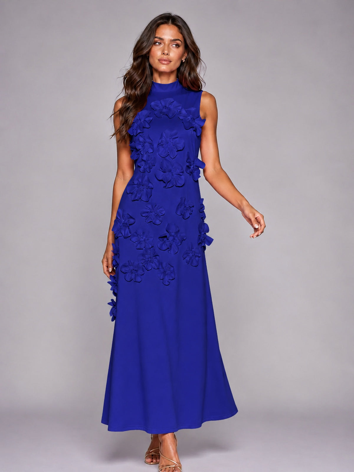 3D Floral Applique High Neck Prom Maxi Dress