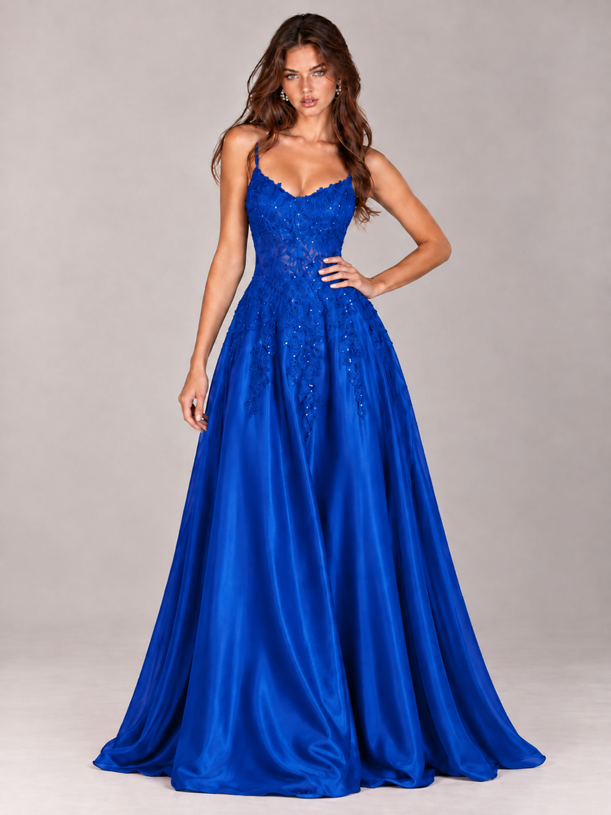 Lace Applique Satin A-Line Prom Dress with Sheer Bodice