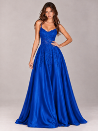 Lace Applique Satin A-Line Prom Dress with Sheer Bodice
