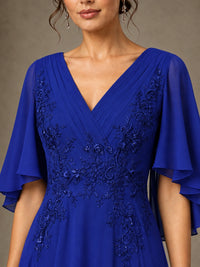 V-Neck Chiffon Lace Mother of the Bride Dress with Flutter Sleeves