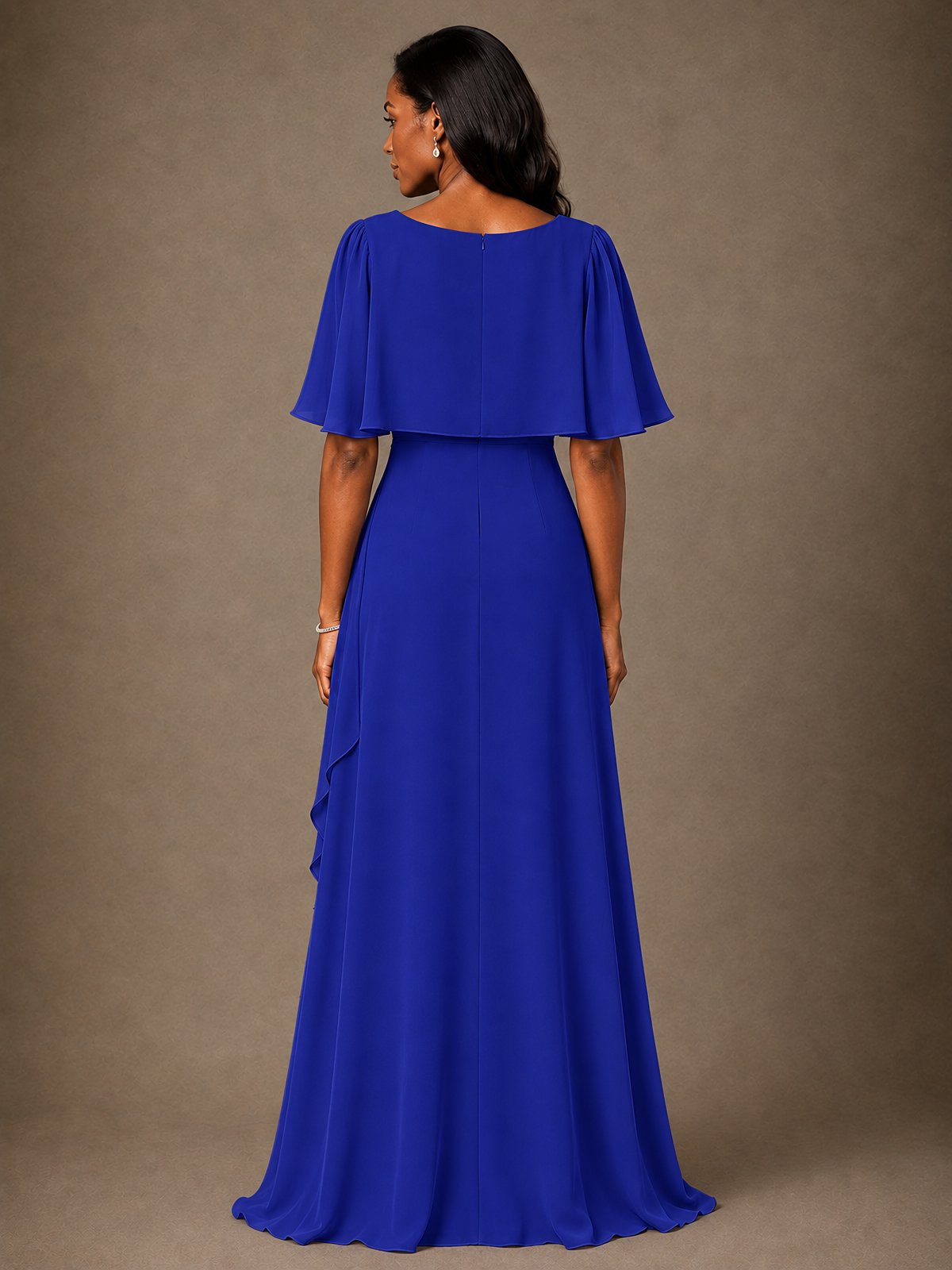 Taupe Chiffon A-Line Mother of the Bride Dress with Cape Sleeves
