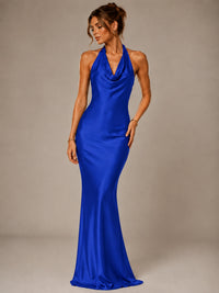 Olive Green Halter Satin Mermaid Maxi Dress