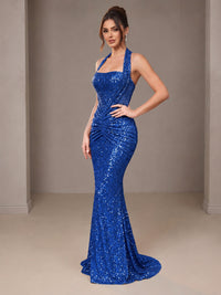 Gold Halter Sequin Mermaid Ruched Prom Dress Long Ruched Evening Gown