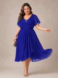 Navy Blue A-Line V-Neck Tea-Length Mother of the Bride Dress