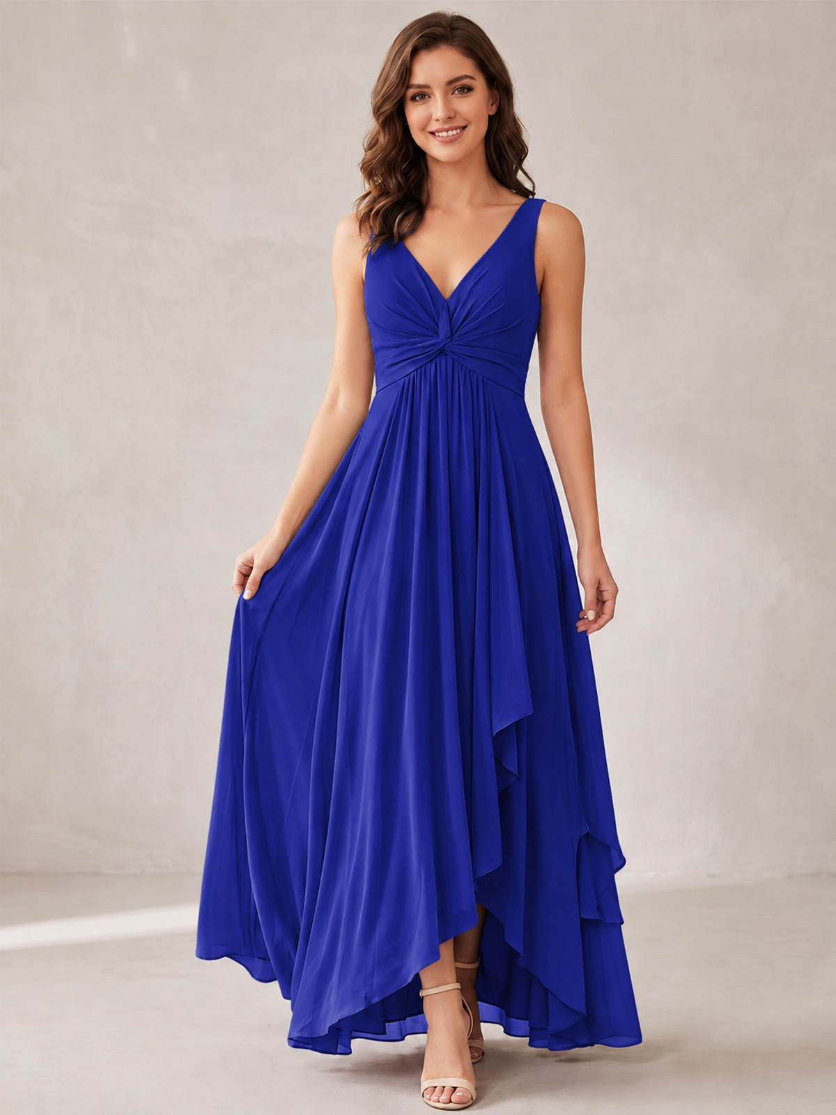 V-Neck High-Low Chiffon Bridesmaid Dress with Ruffles