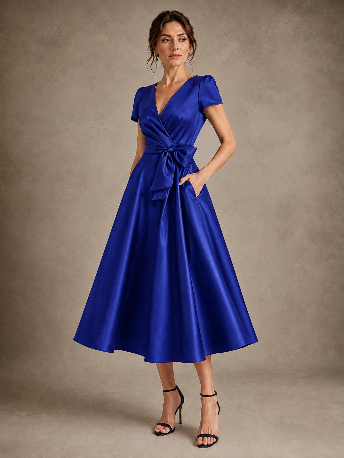 V-Neck Tea-Length Satin Mother of the Bride Dress with Bow