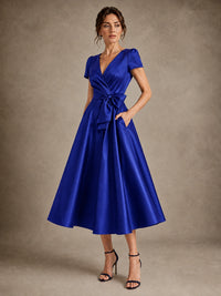 V-Neck Tea-Length Satin Mother of the Bride Dress with Bow
