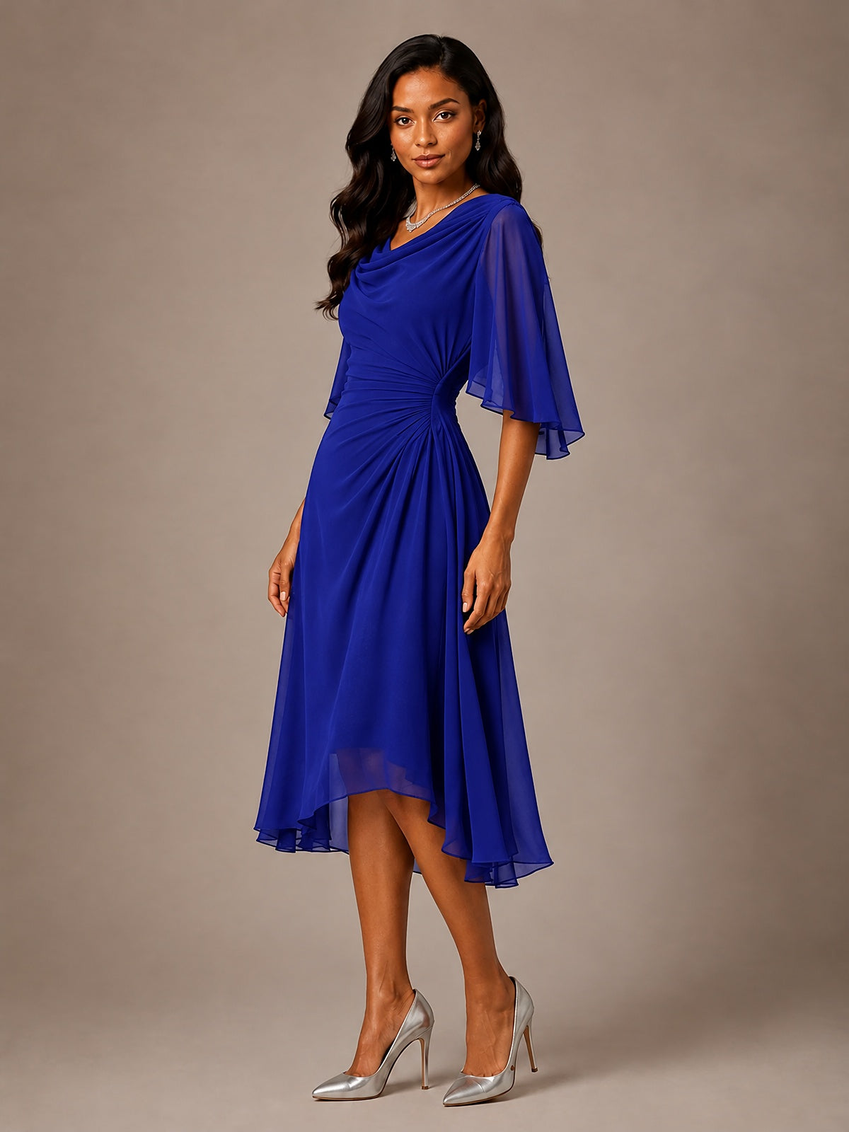 Cowl Neck Ruched Chiffon Mother of the Bride Dresses with Flutter Sleeves