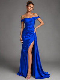 Off Shoulder Satin Maxi Dress with Slit