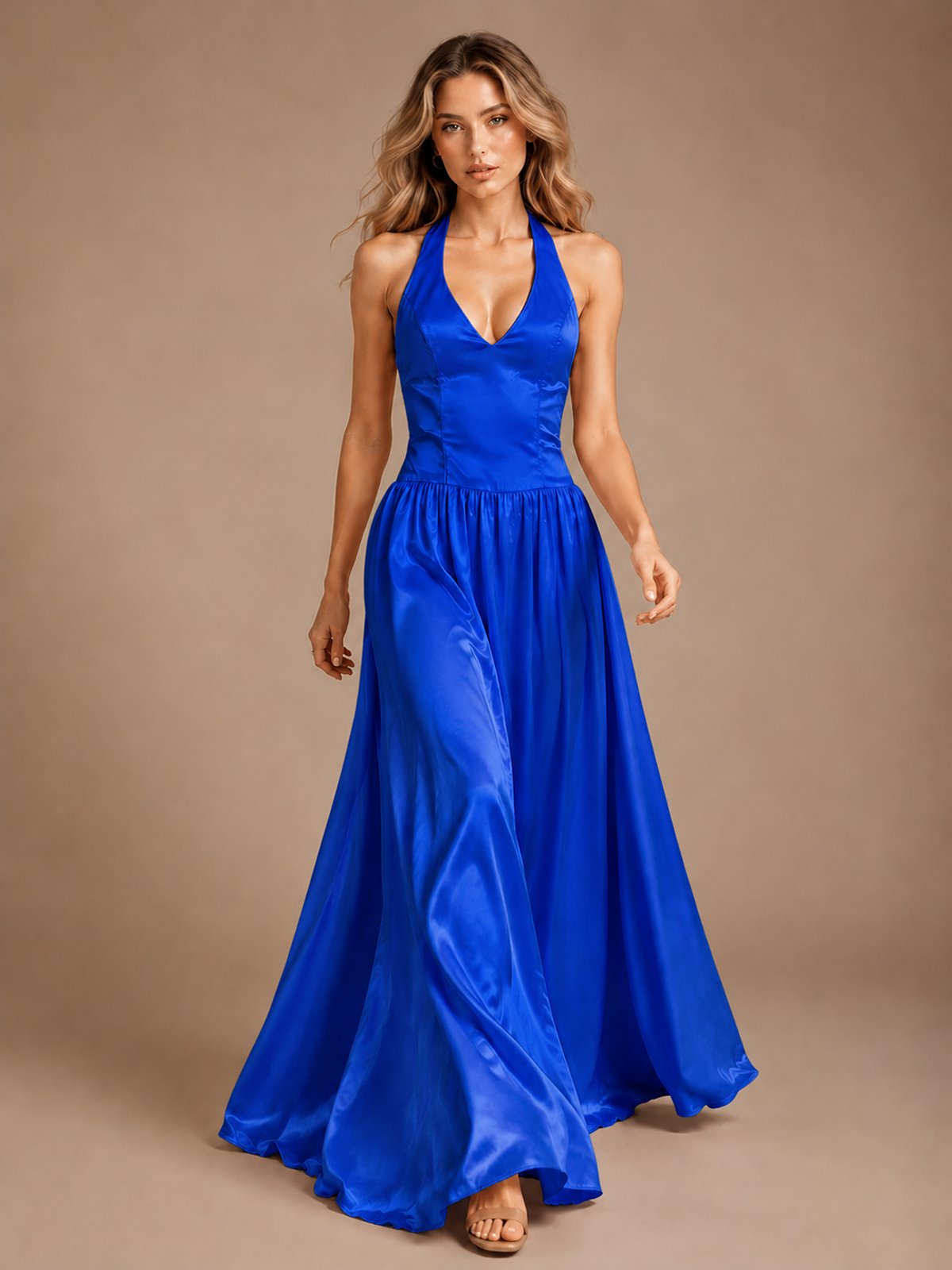 Pink V Neck Halter Satin Maxi Dress