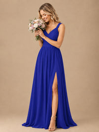 Pleated Chiffon V Neck Wedding Bridesmaid Dresses Floor Length with Slit