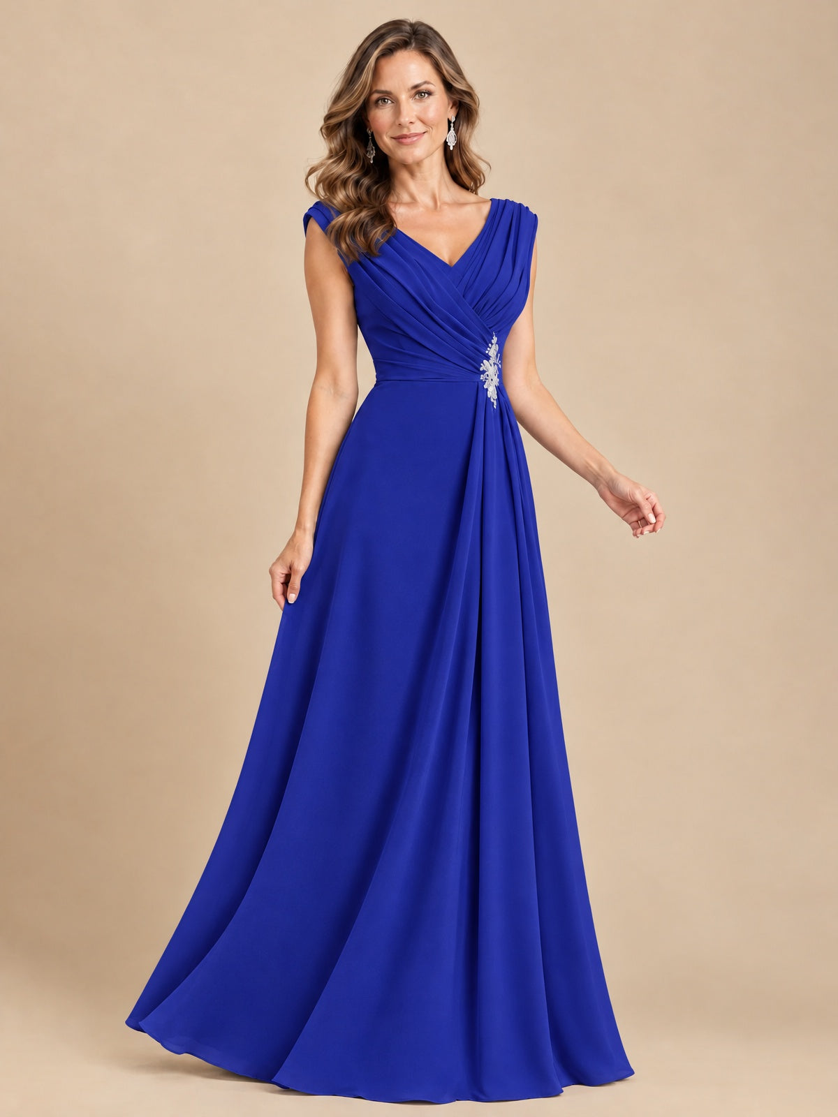 V Neck Pleated Mother of The Bride Dresses with Beading Cap Sleeves