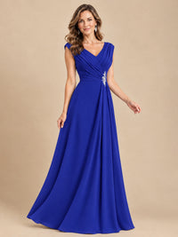 V Neck Pleated Mother of The Bride Dresses with Beading Cap Sleeves
