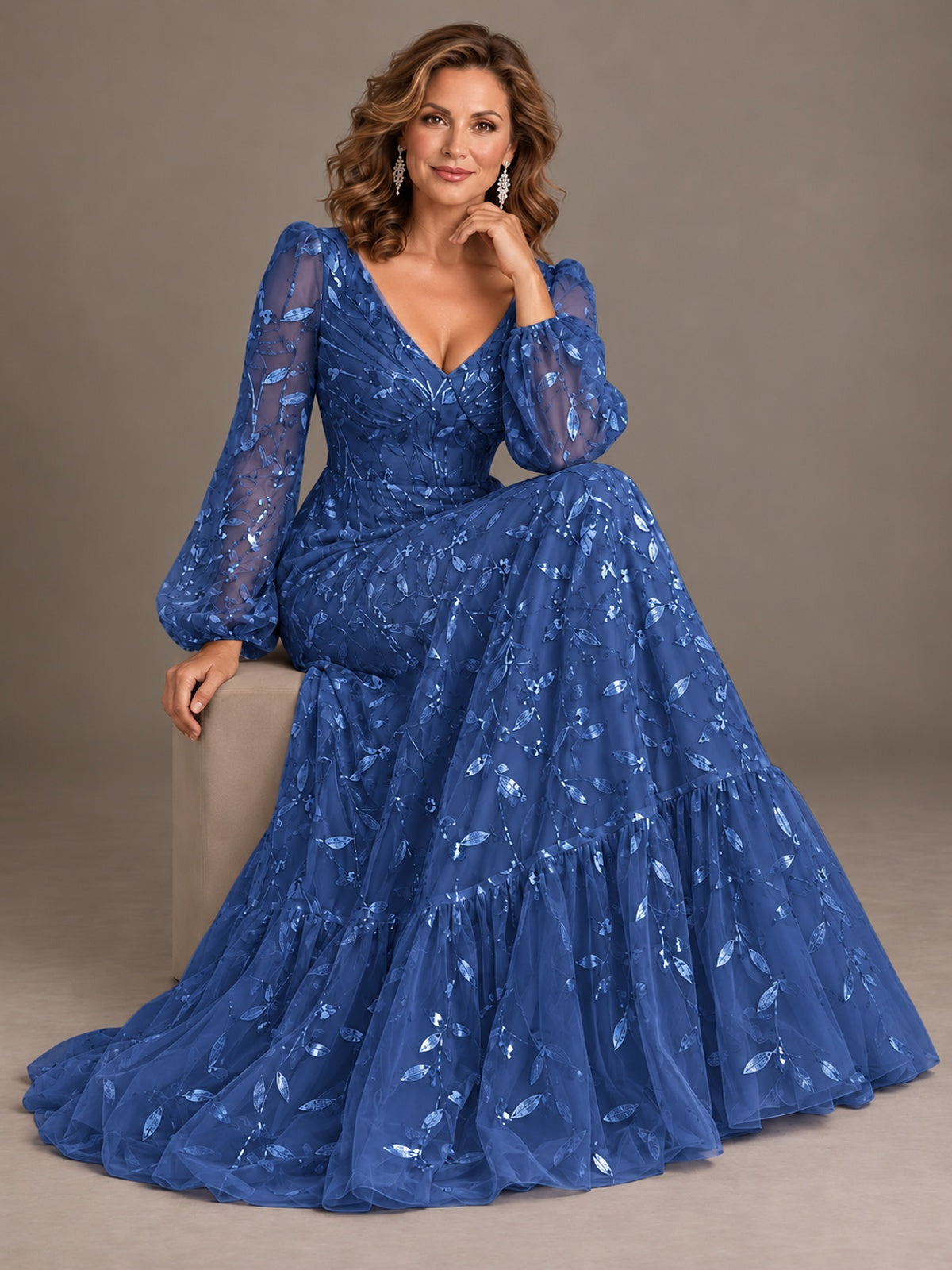 Floral Sequin Embroidered A-Line Mother of the Bride Dress with Long Sleeves