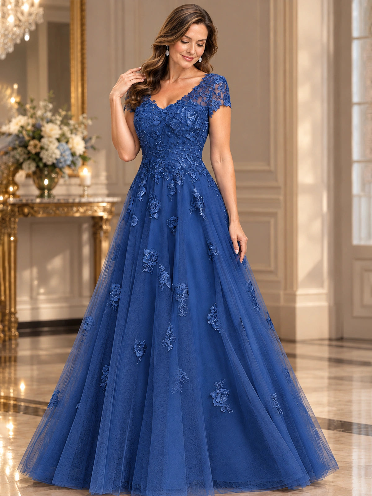 Lace Appliques A-line Mother of The Bride Dresses with Short Sleeves