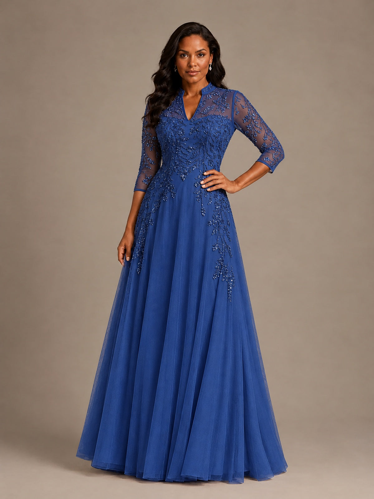Embellished Appliques Mother of the Bride Dress with 3/4 Sleeves