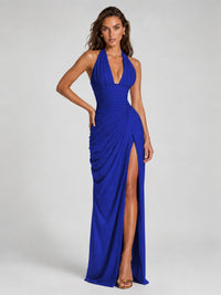 Ruched Halter Neck High-Slit Prom & Evening Dress