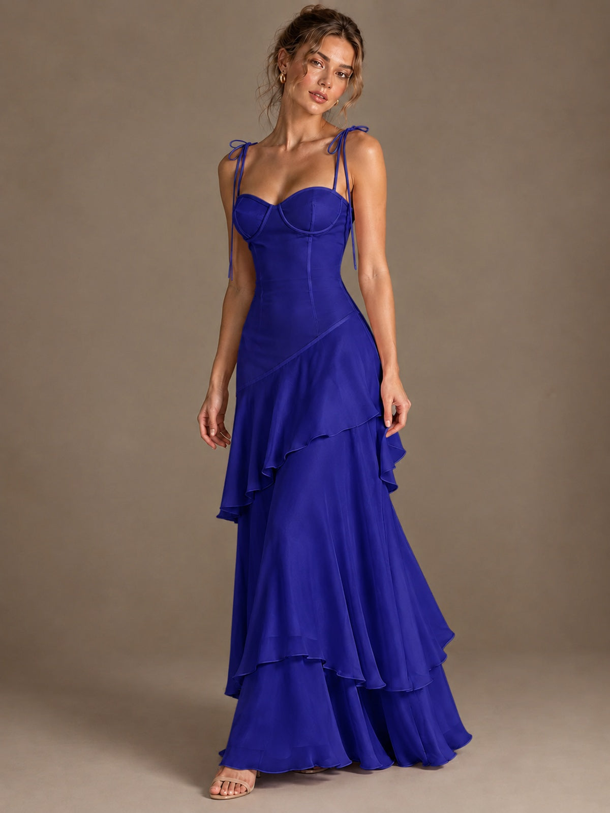 Spaghetti Strap Tiered Ruffles Chiffon Prom Dress