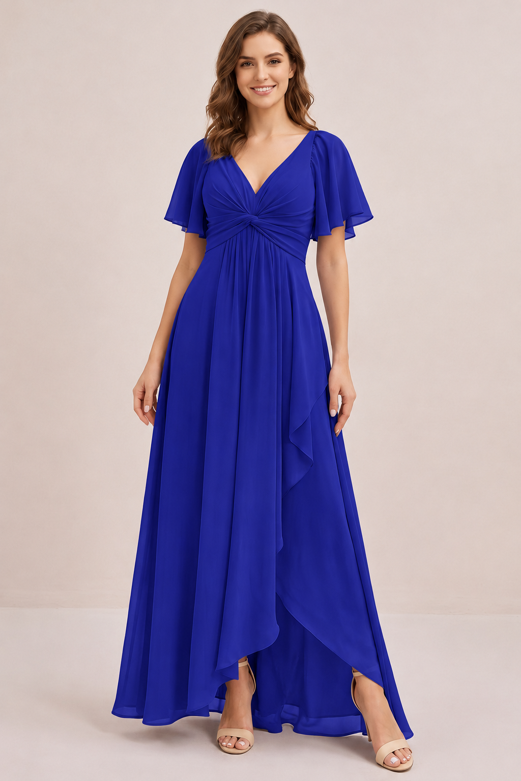 Dusty Blue Chiffon Bridesmaid Dress with Flutter Sleeves & High-Low Hem