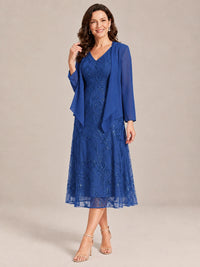 Tea Length Sequin Lace Mother of the Bride Dress with Chiffon Jacket
