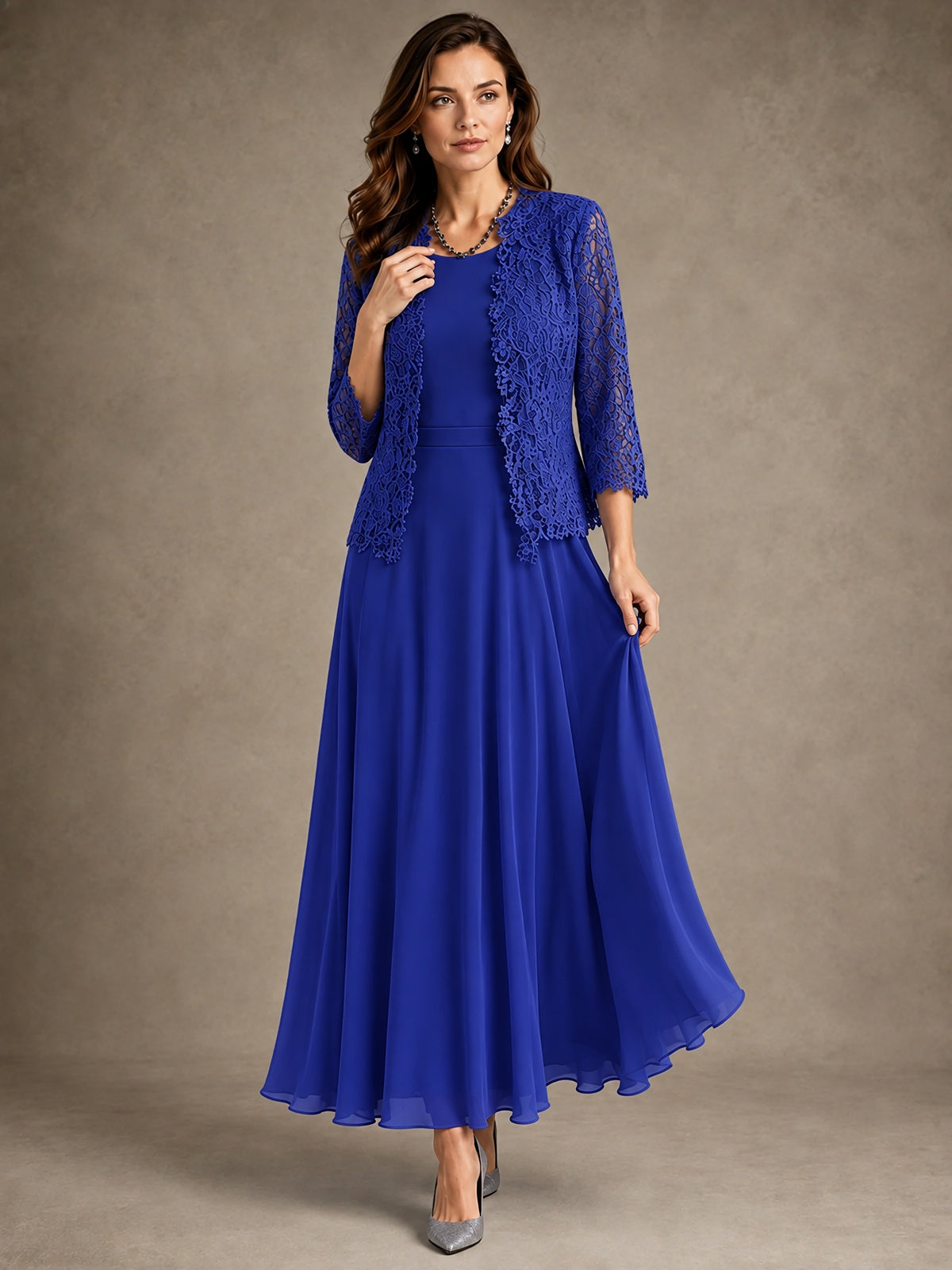 2-Piece Chiffon Mother of the Bride Dress with Lace Jacket