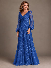 Floral Sequin Embroidered A-Line Mother of the Bride Dress with Long Sleeves