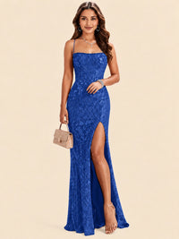 Sequin Lace Appliques Mermaid Prom Dress Spaghetti Strap Formal Gowns with Slit