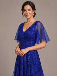 V-Neck Sequin Tulle Mother of the Bride Dress with Flutter Sleeve