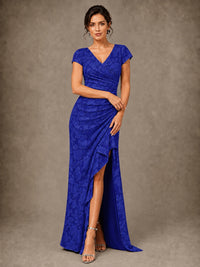 V-Neck Floral Jacquard Mother of the Bride Dress with Slit