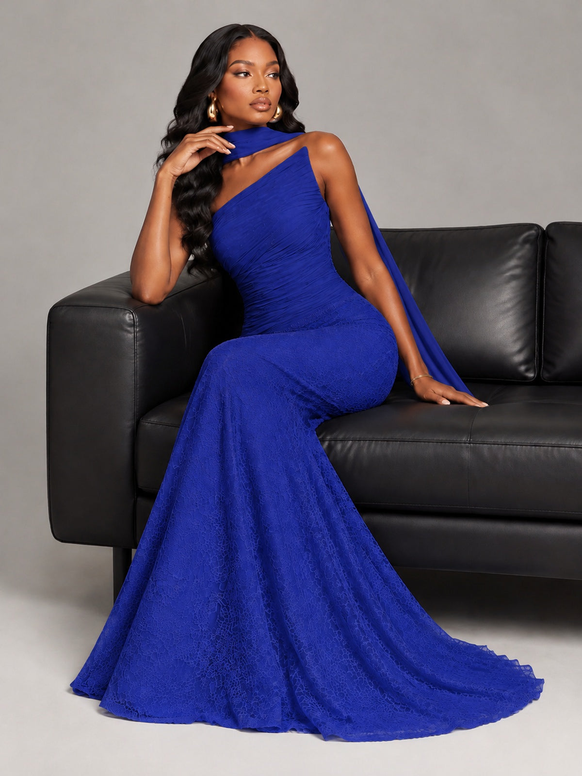 Pleated Chiffon Lace Prom Dresses Long Bodycon Mermaid with Scarf