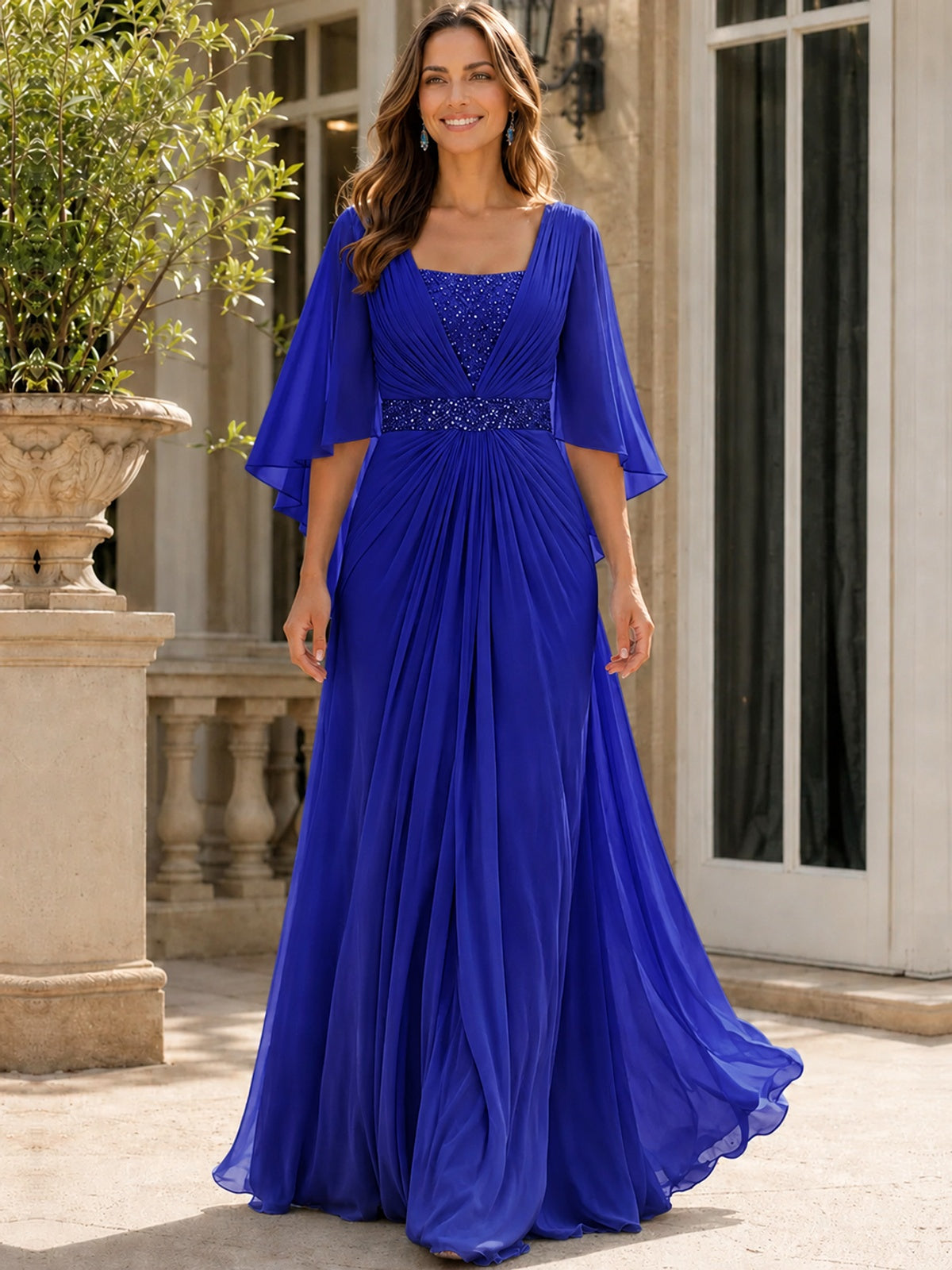 Elegant V-Neck Sequined Chiffon Mother of the Bride Dress with Flutter Sleeves