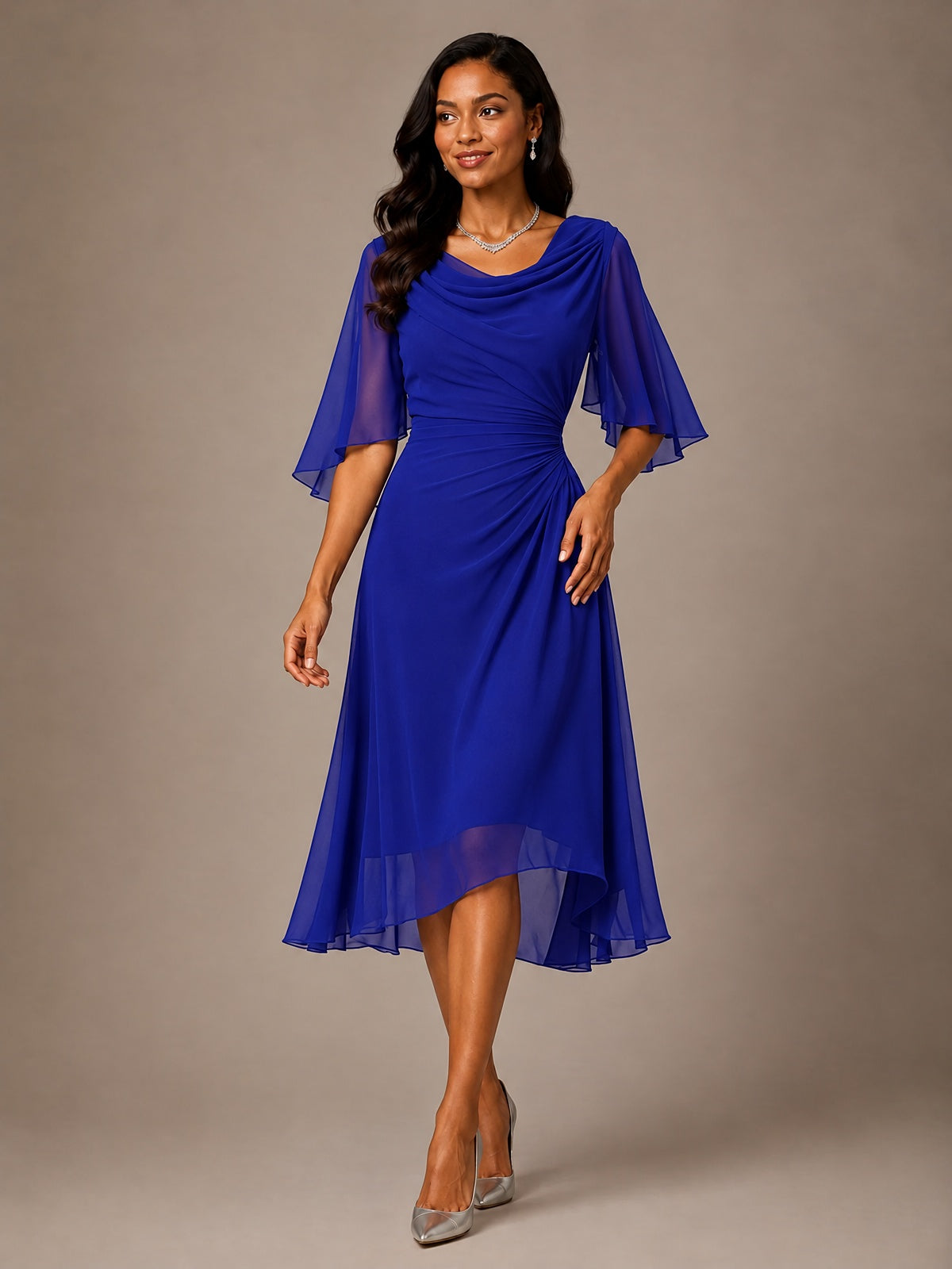 Cowl Neck Ruched Chiffon Mother of the Bride Dresses with Flutter Sleeves