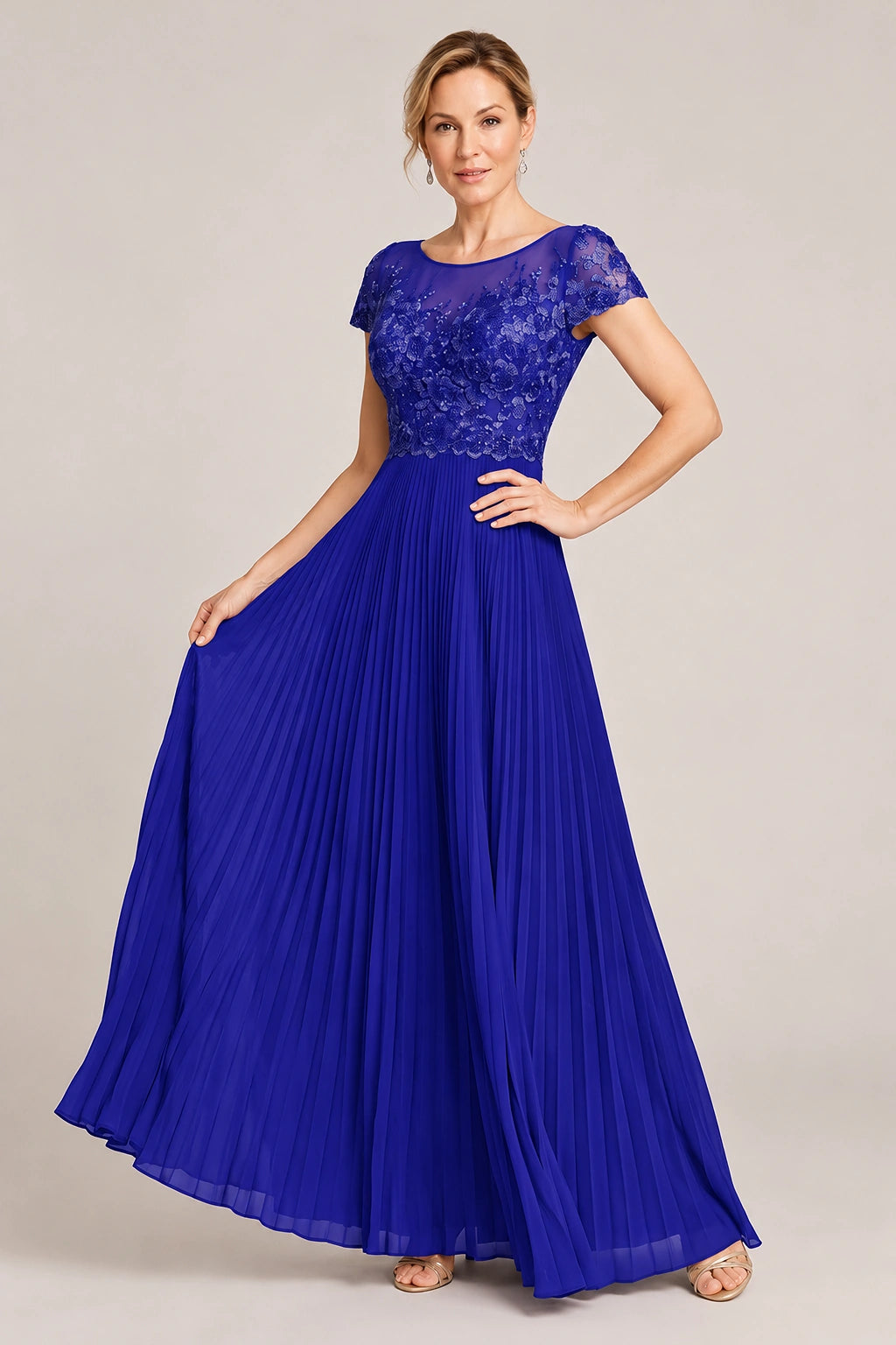 Embroidered Lace Pleated Mother of the Bride Dress